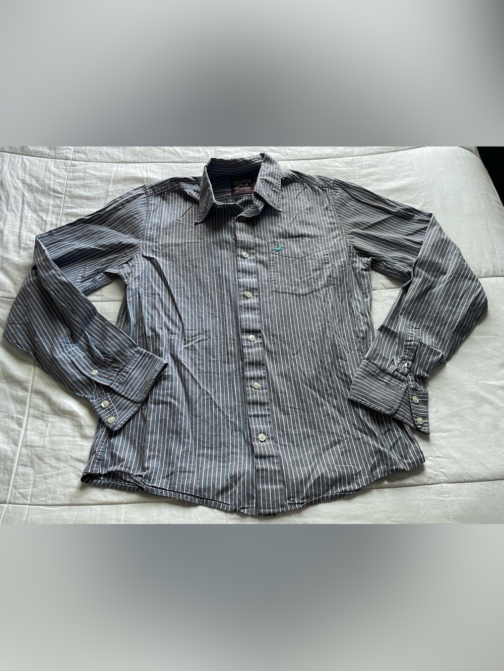 Hollister Y2K Mens Grey Blue Stripe Collared Button Down Shirt Medium Preppy 00s